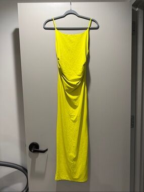 Zara new Neon Yellow Slip maxi midi Dress with Draped ruching size small